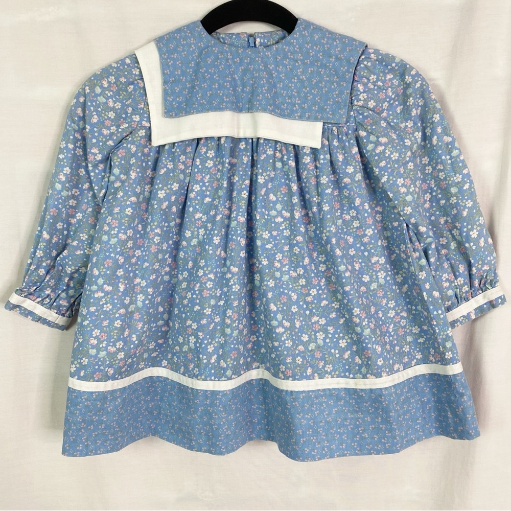Vintage Powder Blue Floral Sailor Collar Long Sleeve Dress Handmade 4T